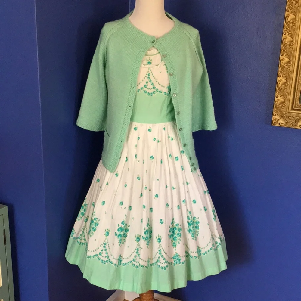 Vintage 1950s mint sea foam green handmade sweater cardigan pinup rockabilly - Picture 12 of 15